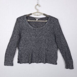 Eileen Fisher Sweater Large Black White Marled Linen Blend Scoop Neck Pullover